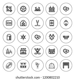 Field icon set. collection of 25 outline field icons with balls, barn, boxing ring, crop, football field, football, forest, hay, golf, farm, harvest icons. editable icons.