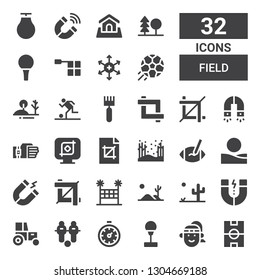 field icon set. Collection of 32 filled field icons included Football field, Athlete, Punching ball, Stopclock, Football, Tractor, Magnet, Desert, Volleyball net, Crop, Rugby ball
