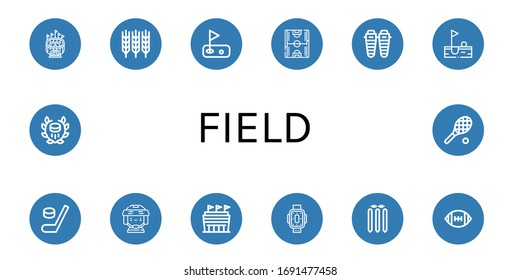 field icon set. Collection of Stadium, Wheat, Golf, Soccer field, Shin, Hockey, Hockey player, Kneepad, Cricket stump, American football, Tennis icons