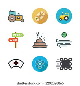 field icon set. vector set about tractor, physics, panel and bonnet icons set.