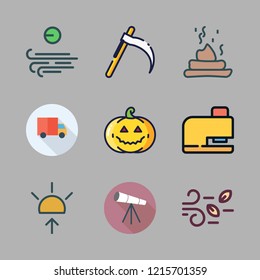 field icon set. vector set about mower, sunrise, pumpkin and side view icons set.