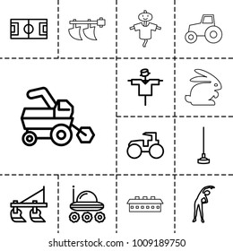 Field icons. set of 13 editable outline field icons such as tractor, scarecrow, exercising, football pitch, hoe, rabbit