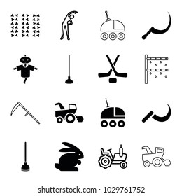 Field icons. set of 16 editable filled and outline field icons such as hoe, scythe, hockey, tractor, exercising, field, rabbit, scarecrow