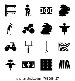 Field icons. set of 16 editable filled field icons such as field, rabbit, scarecrow, exercising, tractor, football pitch, hoe, irrigation system, golf player