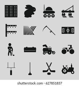 Field icons set. set of 16 field filled icons such as field, rabbit, barn, tractor, hoe, scythe, irrigation system, golf player, goal post, hockey