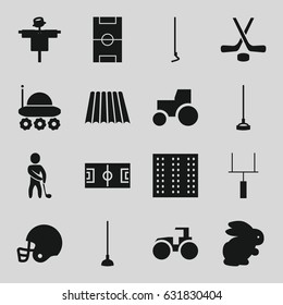 Field icons set. set of 16 field filled icons such as field, rabbit, scarecrow, tractor, hoe, golf player, football pitch, goal post, hockey