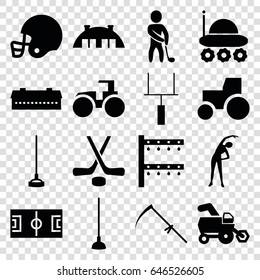 Field icons set. set of 16 field filled icons such as barn, tractor, exercising, hoe, scythe, irrigation system, golf player, goal post, hockey, american football helmet