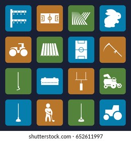 Field icons set. set of 16 field filled icons such as field, rabbit, barn, tractor, hoe, scythe, irrigation system, golf player, football pitch