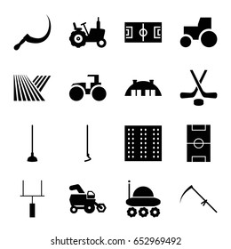 Field icons set. set of 16 field filled icons such as field, tractor, hoe, scythe, barn, football pitch, goal post