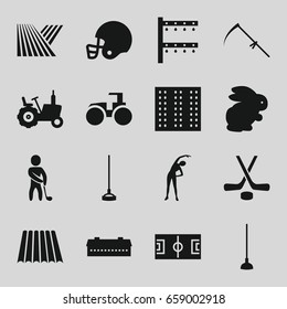 Field icons set. set of 16 field filled icons such as field, rabbit, barn, tractor, exercising, hoe, scythe, irrigation system, golf player, hockey, american football helmet