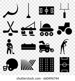 Field icons set. set of 16 field filled icons such as field, barn, tractor, exercising, hoe, scythe, golf player, football pitch, goal post, hockey