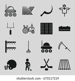 Field icons set. set of 16 field filled and outline icons such as field, barn, scythe, irrigation system, golf player, goal post, hockey, american football helmet, tractor
