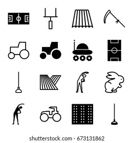 Field icons set. set of 16 field filled and outline icons such as field, exercising, tractor, hoe, football pitch, rabbit, scythe