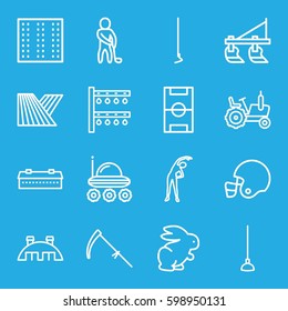 field icons set. Set of 16 field outline icons such as field, rabbit, barn, tractor, exercising, hoe, scythe, irrigation system, golf player, football pitch