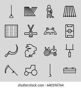 Field icons set. set of 16 field outline icons such as field, rabbit, barn, tractor, hoe, scythe, golf player, football pitch, goal post