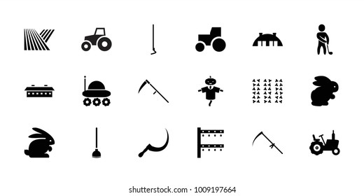 Field icons. set of 18 editable filled field icons: field, rabbit, tractor, hoe, scythe, irrigation system, barn, golf player
