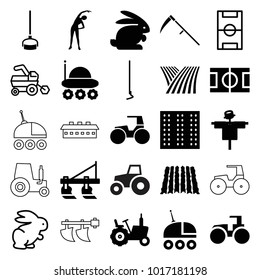 Field icons. set of 25 editable filled and outline field icons such as field, tractor, scarecrow, exercising, hoe, rabbit, football pitch, barn