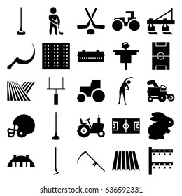 Field icons set. set of 25 field filled icons such as field, rabbit, barn, tractor, scarecrow, exercising, hoe, scythe, irrigation system, golf player, football pitch