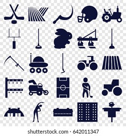 Field icons set. set of 25 field filled icons such as field, rabbit, barn, tractor, scarecrow, exercising, hoe, scythe, irrigation system, golf player, football pitch