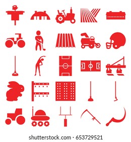 Field icons set. set of 25 field filled icons such as field, rabbit, barn, tractor, scarecrow, exercising, hoe, scythe, irrigation system, golf player, football pitch