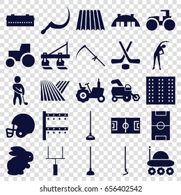Field icons set. set of 25 field filled icons such as field, rabbit, barn, tractor, exercising, hoe, scythe, irrigation system, golf player, football pitch, goal post, hockey