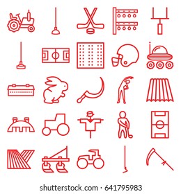 Field icons set. set of 25 field outline icons such as field, rabbit, barn, tractor, scarecrow, exercising, hoe, scythe, irrigation system, golf player, football pitch