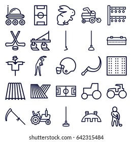Field icons set. set of 25 field outline icons such as field, rabbit, barn, tractor, scarecrow, exercising, hoe, scythe, irrigation system, golf player, football pitch, hockey