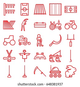 Field icons set. set of 25 field outline icons such as field, rabbit, barn, tractor, scarecrow, exercising, hoe, scythe, irrigation system, golf player, football pitch