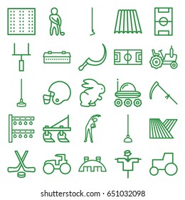 Field icons set. set of 25 field outline icons such as field, rabbit, barn, tractor, scarecrow, exercising, hoe, scythe, irrigation system, golf player, football pitch
