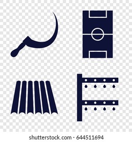 Field icons set. set of 4 field filled icons such as field, scythe, irrigation system