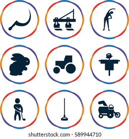 field icons set. Set of 9 field filled icons such as rabbit, tractor, scarecrow, exercising, hoe, scythe