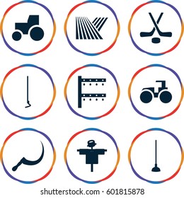 field icons set. Set of 9 field filled icons such as field, scarecrow, tractor, hoe, scythe, irrigation system
