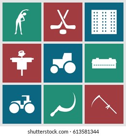 Field icons set. set of 9 field filled icons such as field, barn, scarecrow, exercising, tractor, scythe