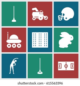 Field icons set. set of 9 field filled icons such as field, rabbit, tractor, exercising, hoe, american football helmet