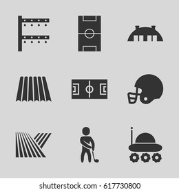 Field icons set. set of 9 field filled icons such as field, irrigation system, barn, golf player, football pitch, american football helmet