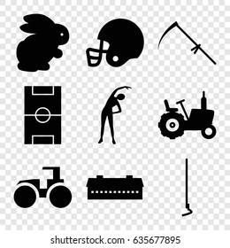 Field icons set. set of 9 field filled icons such as rabbit, barn, tractor, exercising, hoe, scythe, football pitch