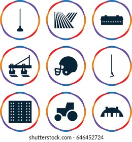 Field icons set. set of 9 field filled icons such as field, barn, tractor, hoe