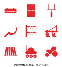 Field icons set. set of 9 field filled icons such as field, barn, tractor, scythe, irrigation system, football pitch