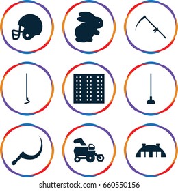 Field icons set. set of 9 field filled icons such as field, rabbit, tractor, hoe, scythe, barn