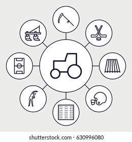 Field icons set. set of 9 field outline icons such as field, tractor, exercising, scythe, football pitch, hockey