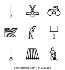 Field icons set. set of 9 field outline icons such as field, exercising, tractor, hoe, golf player, goal post
