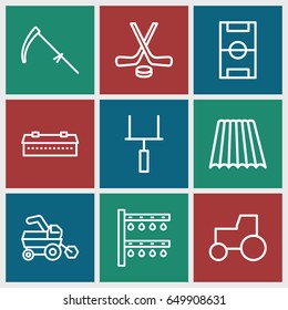 Field icons set. set of 9 field outline icons such as field, barn, tractor, scythe, irrigation system, football pitch, goal post