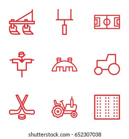 Field icons set. set of 9 field outline icons such as field, tractor, scarecrow, barn, goal post, hockey