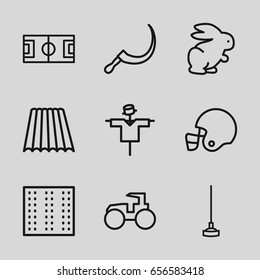 Field icons set. set of 9 field outline icons such as field, rabbit, scarecrow, tractor, hoe, scythe, american football helmet