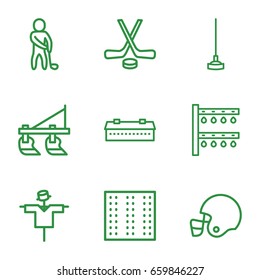 Field icons set. set of 9 field outline icons such as field, barn, tractor, scarecrow, hoe, irrigation system, golf player, hockey