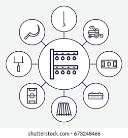 Field icons set. set of 9 field outline icons such as field, barn, tractor, hoe, scythe, irrigation system, football pitch