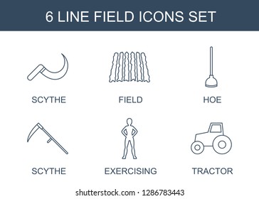 field icons. Trendy 6 field icons. Contain icons such as scythe, hoe, exercising, tractor. field icon for web and mobile.