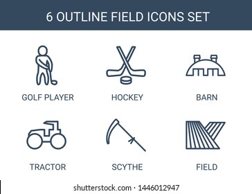 field icons. Trendy 6 field icons. Contain icons such as golf player, hockey, barn, tractor, scythe. field icon for web and mobile.