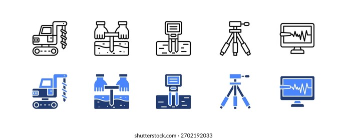 Instrumentos de campo e equipamento de suporte com dois estilos, linha e ícone duotônico.
