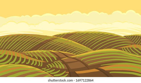 Field landscape. Agricultural growing young plant shoots. Plowed earth. Brown dirt. Field track road. Crops began to sprout in the spring soil. Vector colour hand-drawn.